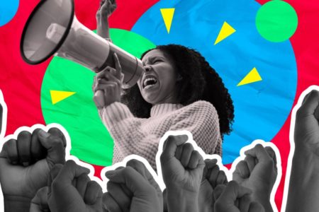 Montagem com fotos coloridas de mulher preta com megafone e punhos cirrados para o alto - Metrópoles