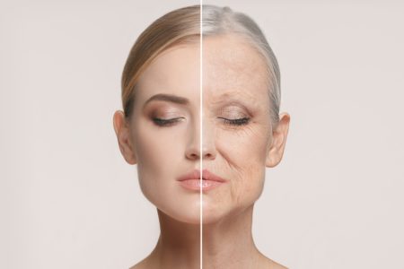 Comparação. Retrato de mulher bonita com problema e pele limpa, conceito de envelhecimento e juventude, tratamento de beleza e levantamento. Antes e depois do conceito. Juventude, velhice. Processo de envelhecimento e rejuvenescimento