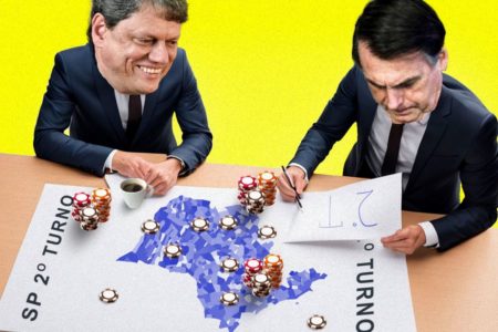 Arte colorida de Tarcísio de Freitas e Jair Bolsonaro sobre o mapa de São Paulo - Metrópoles