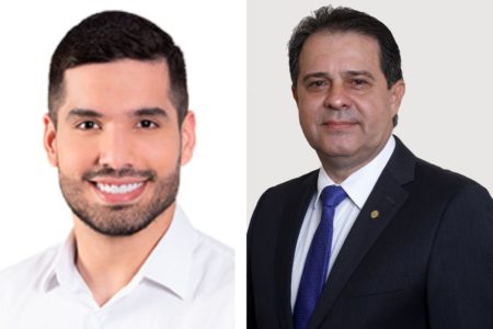 Monatagem com fotos coloridas de Fernandes (PL) e Leitão (PT) - rascunhos