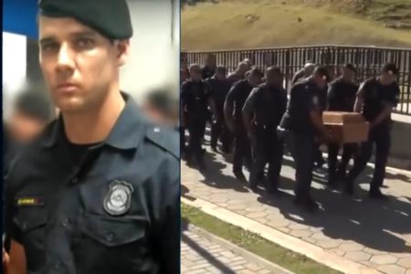 Montagem colorida com homem fardado de azul escuro, do lado esquerdo e no direito, vários homens fardados com a mesma cor carregam caixão - Metrópoles