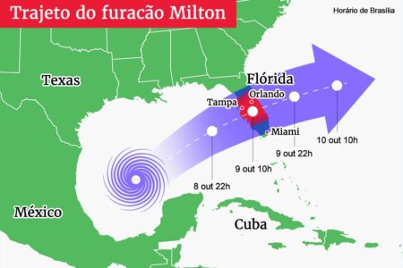 Imagem colorida de arte sobre furacão Milton-Metrópoles