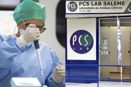 Montagem com fotos coloridas de fachada de laboratório e mulher em laboratório - Metrópoles