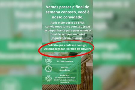 convite explica detalhes do evento, com data da hospedagem e endereço do hotel