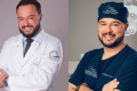 Médico em duas fotos, com roupa de cirurgia e jaleco