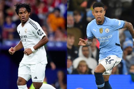 Montagem de fotos coloridas de Endrick e Savinho, candidatos ao prêmio Golden Boy