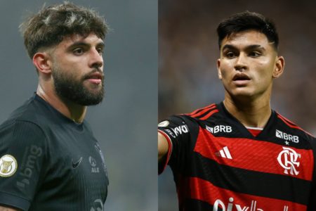 Montagem de fotos coloridas de Yuri Alberto, do Corinthians e Carlos Alcaraz, do Flamengo - Metrópoles
