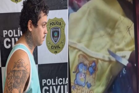 Foto colorida, homem na policia civil PB, ao lado uma manta de criança - Metrópoles