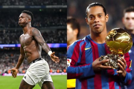 Foto colorida de Vini Jr. e Ronaldinho Gaúcho - Metrópoles
