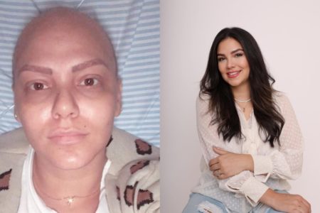 Foto mostra antes e depois de Janaína Almeida, escritora que teve câncer de mama e engravidou logo em seguida