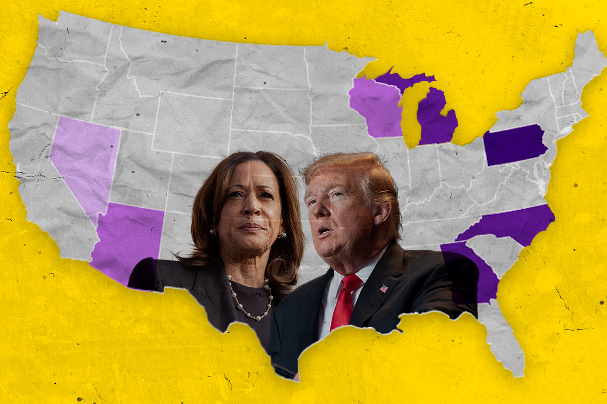 Imagem do Donald Trump e da Kamala Harris na frente do mapa dos Estados Unidos Swing States