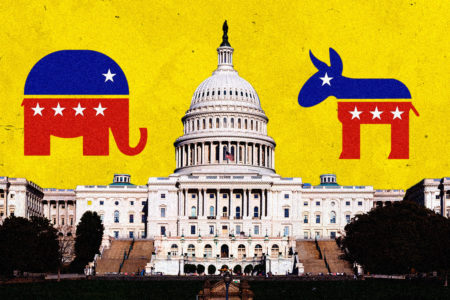 Imagem do congresso americano com os símbolos dos partidos democrata e republicano