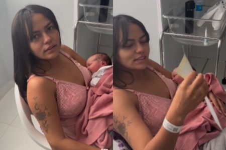 Foto colorida de uma mulher segurando um bebê - Metrópoles