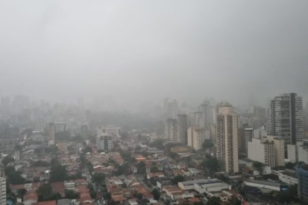 Imagem colorida de chuva em SP. Metrópoles