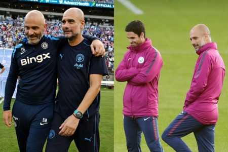 Foto colorida de Guardiola, Enzo Maresca e Mikel Arteta - Metrópoles