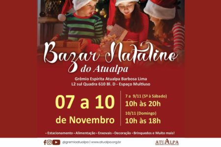 O Grêmio Espírita Atualpa Barbosa Lima realiza até o próximo domingo, 10 de novembro, seu tradicional Bazar Natalino, com o objetivo de arrecadar recursos para beneficiar os assistidos e albergados da Casa. Esses indivíduos, provenientes de outros estados, encontram abrigo enquanto passam por tratamento médico no Hospital Sarah Kubitschek.
