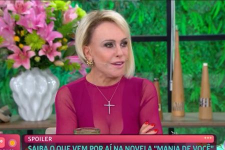 Ana Maria Braga no Mais Você usando roupa com transparência roxa - Metrópoles