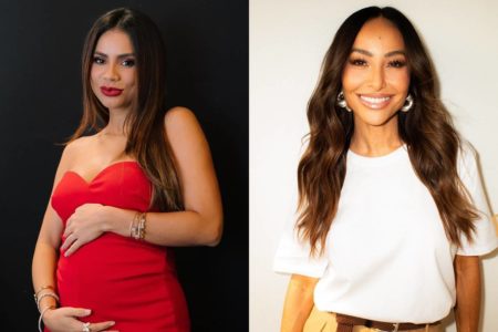 montagem com fotos de Lexa, grávida de vestido vermelho segurando a barriga, e de Sabrina Sato, sorrindo de camiseta brana - metrópoles