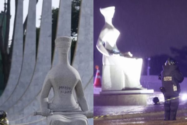 Montagem com fotos coloridas da estátua da Justiça - Metrópoles