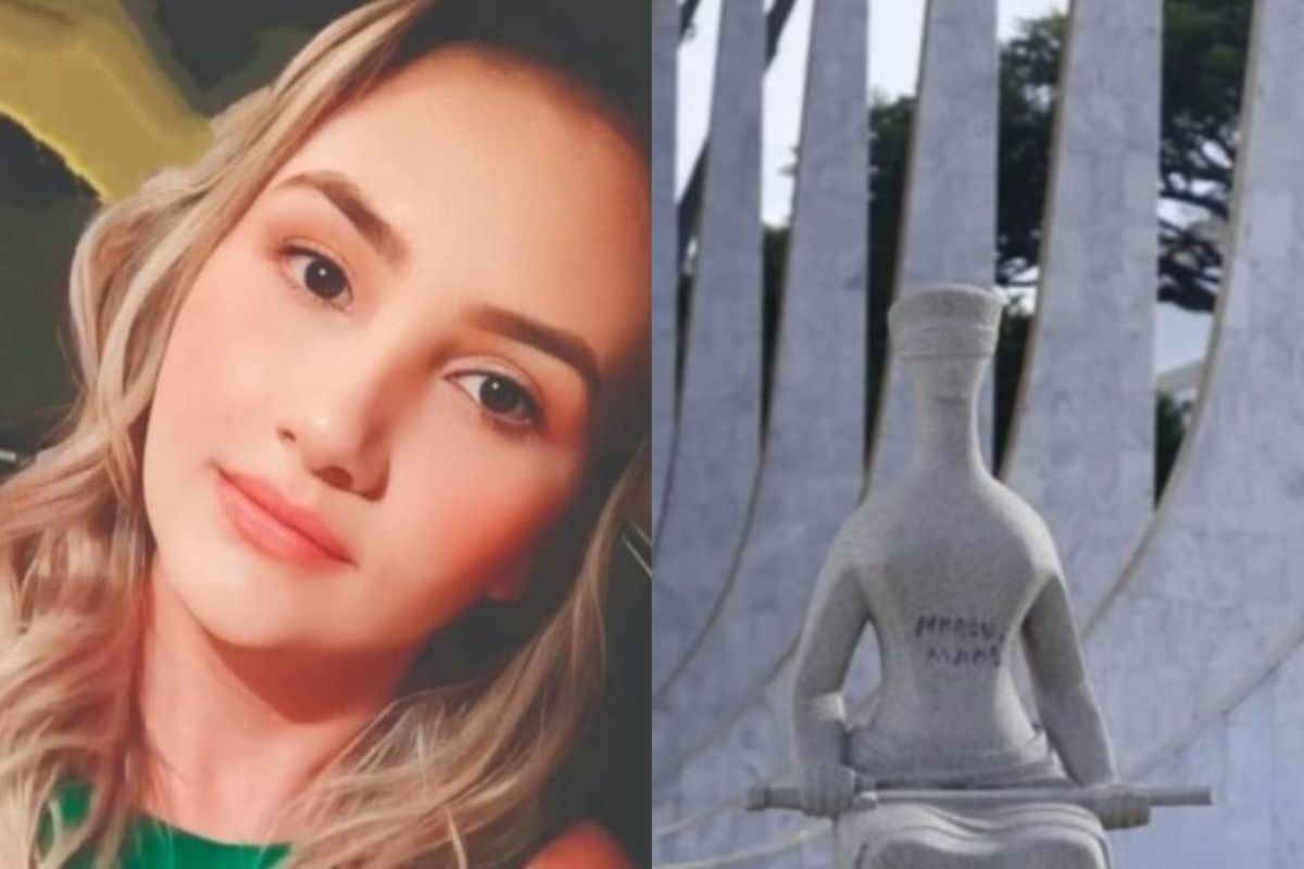 Montagem com foto colorida de Débora Rodrigues e estátua "A Justiça" pichada por ela - Metrópoles