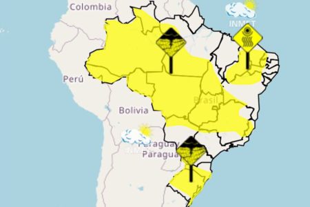 Imagem colorida de mapa do Brasil e previsão do tempo - Merópoles