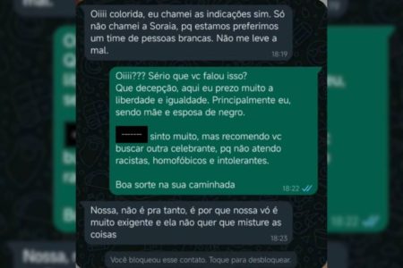 Após receber a mensagem, a cerimonialista Aline Ferreira denunciou a noiva por racismo e rompeu o contrato. Caso aconteceu em Piracicaba - Metrópoles