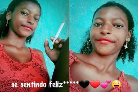 Imagem colorida, uma adolescente fumando cigarro antes de suspeitos a torturarem e assassina-lá - Metrópoles