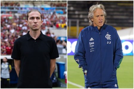 Imagens colorida de Filipe Luís e Jorge Jesus- Metrópoles