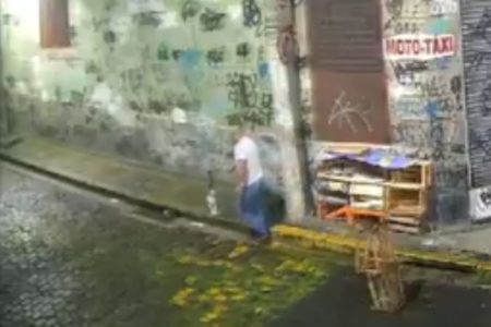 Foto colorida retirada de vídeo. na foto, homem se aproxima do gato - Metrópoles