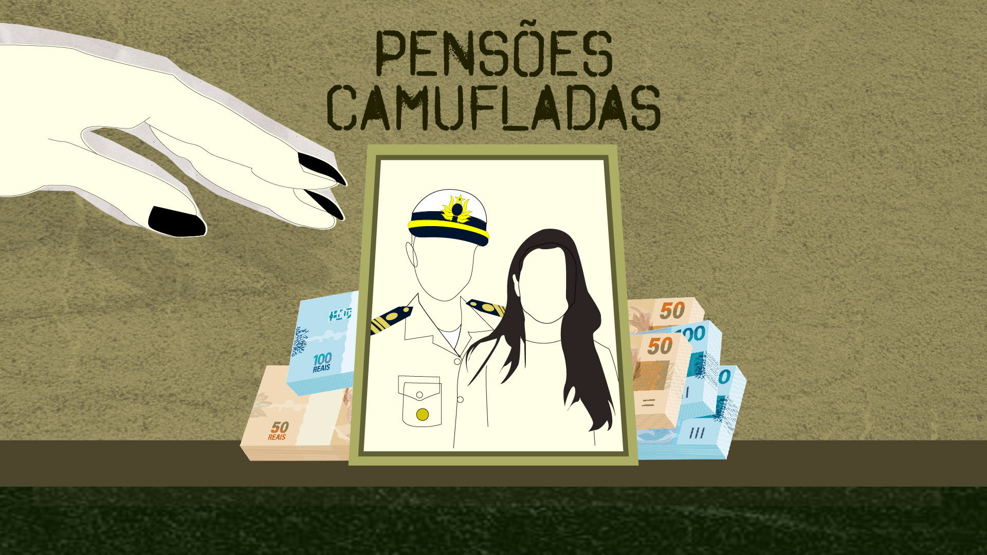 ilustração de militar da marinha em um porta-retrato e a mão de uma mulher
