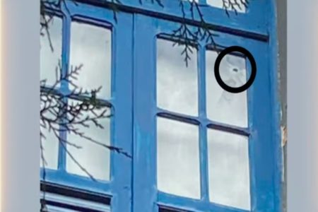 Imagem colorida de janela azul com marca de tiro - Metrópoles