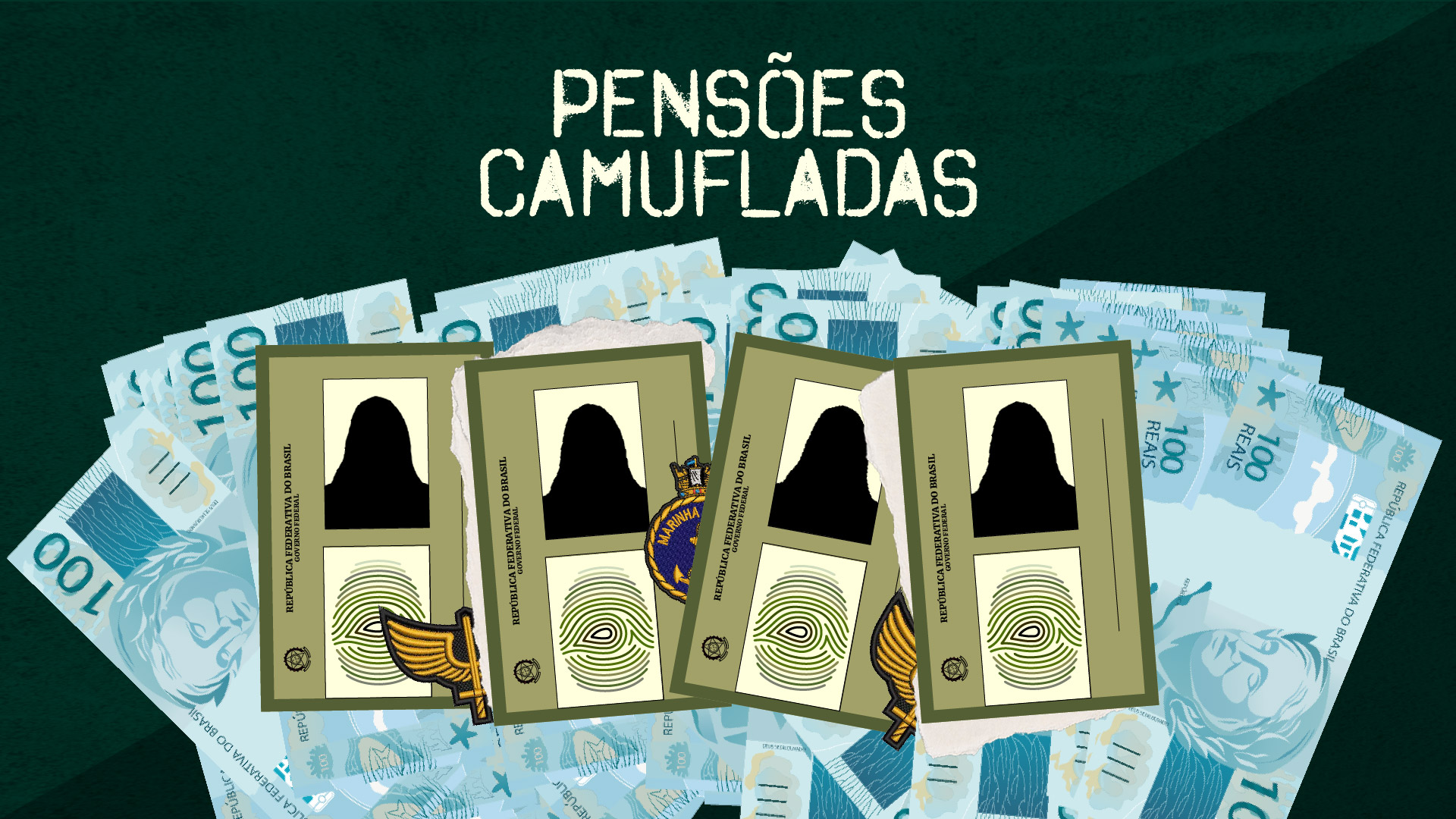 Ilustração de dinheiro, identidade, sobre pensões camufladas
