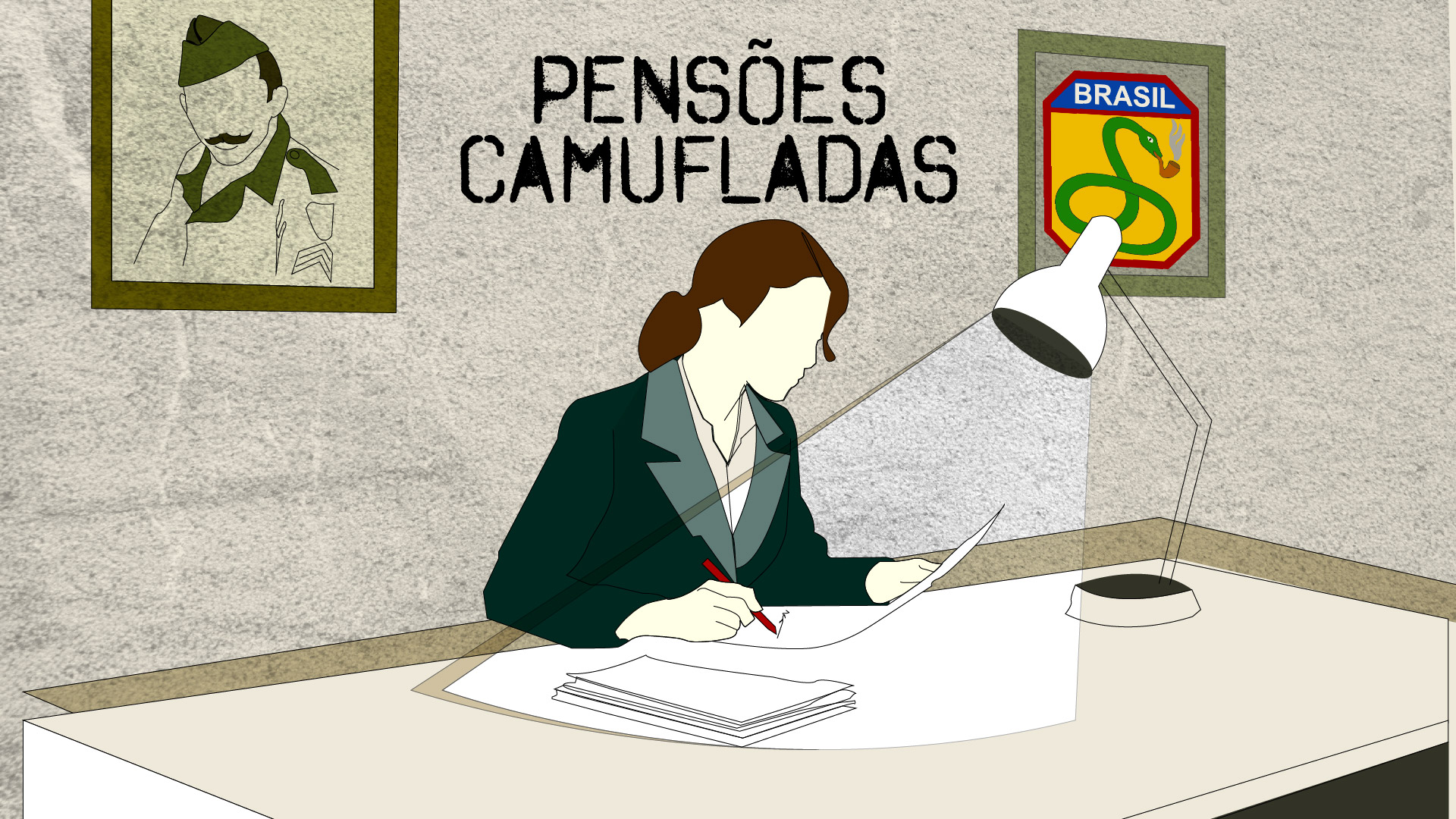 Ilustração de mulher escrevendo com um quadro do exército e da FAB atrás
