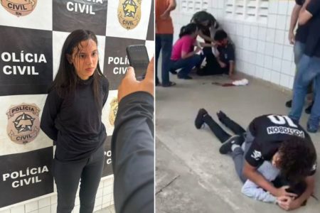 Montagem com imagem colorida, Lyedja Yasmin, de 19 anos, e momento em que a estudnate foi mobilizada