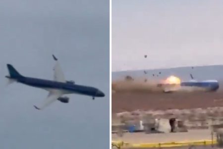 Montagem com fotos coloridas do momento da quesda de avião no Cazaquistão - Metrópoles