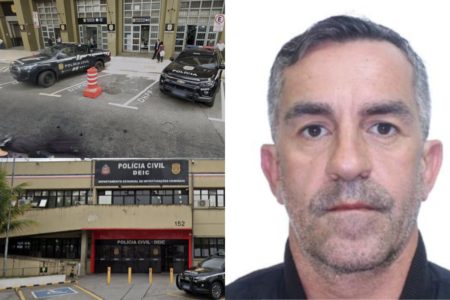 Quadro dividido, na direita por homem branco de cabelo curto, barba rala por fazer, e camisa polo preta e, na esquerda, acima, e abaixo, fachadas de departamentos policiais - Metrópoles