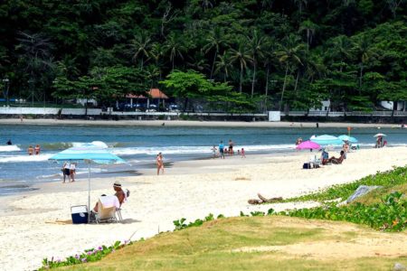 Imagem colorida de uma praia com guarda-sóis espalhados - Metrópoles