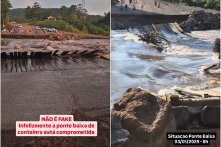 Imagens coloridas de vídeos do prefeito de Feliz, no Rio Grande do Sul (RS), de Ponte Baixa caída após chuvas - Metrópoles