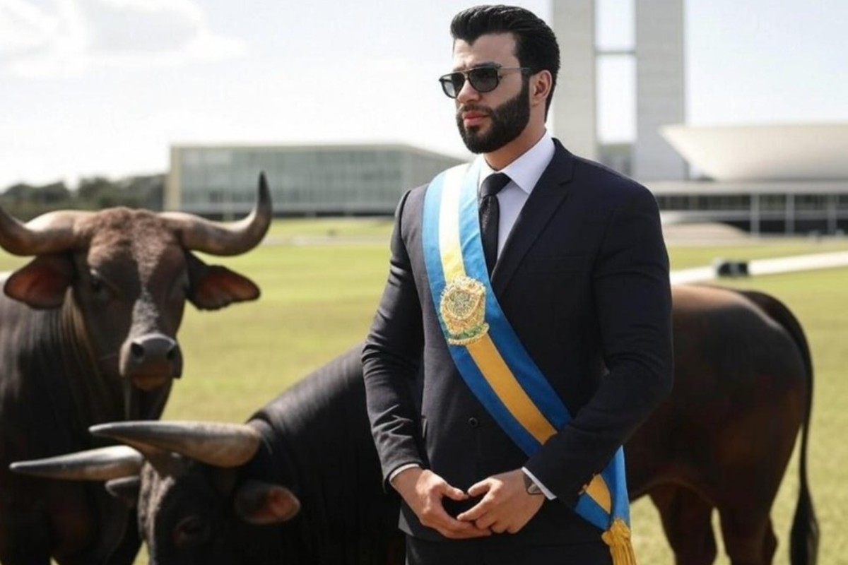 Gusttavo Lima com a faixa presidenencial, ao lado de bois, em frente ao Congresso Nacional - Metrópoles