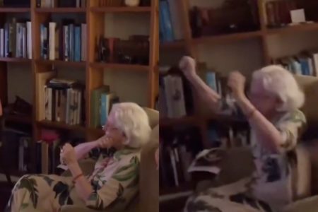 Montagem de foto colorida de Fernanda Montenegro vibrando com vitória de Fernanda Torres - Metrópoles