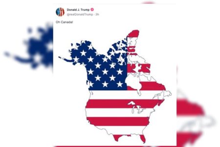 Imagem colorida de Mapa publicado por Donald Trump com anexação do Canada