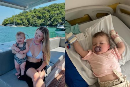 montagem com foto de mulher branca e loira sentada em barco com bebe ao lado e foto de bebe dormindo - metrópoles