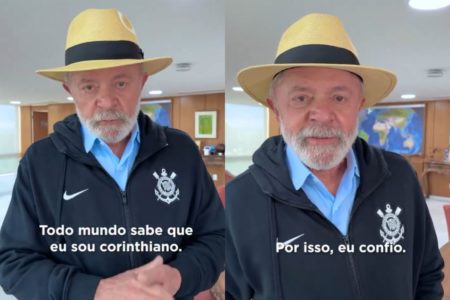 Imagem colorida mostra o presidente Lula usando chapéu e jaqueta do Corinthians - Metrópoles