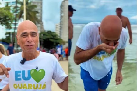 Mesmo com surto de virose no litoral de São Paulo, o prefeito de Guarujá, Farid Madi, gravou um vídeo bebendo a água do mar - Metrópoles