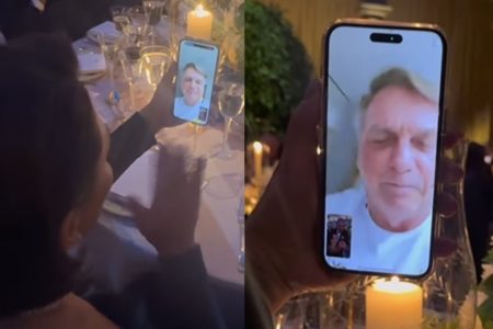 imagem colorida de michelle bolsonaro videochamada com jair bolsonaro na posse de trump