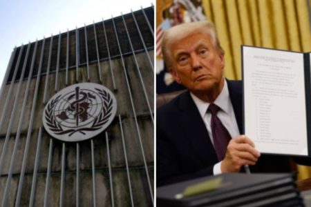 Monatgem com fotos coloridas de fachada da OMS e Trump - Metrópoles
