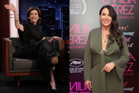 Montagem com fotos coloridas de Fernanda Torres e Karla Sofía Gascón - Metrópoles