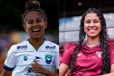Imagem colorida mostra a jogadora Vitorinha em dois momentos