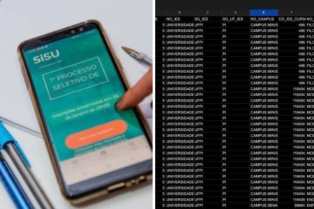Montagem com fotos coloridas de pessoa acessando o site do Sisu e planilha de divulgação de resultados - Metrópoles
