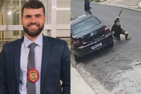 Imagem colorida de um delegado à esquerda e o mesmo delegado sendo morto à direita